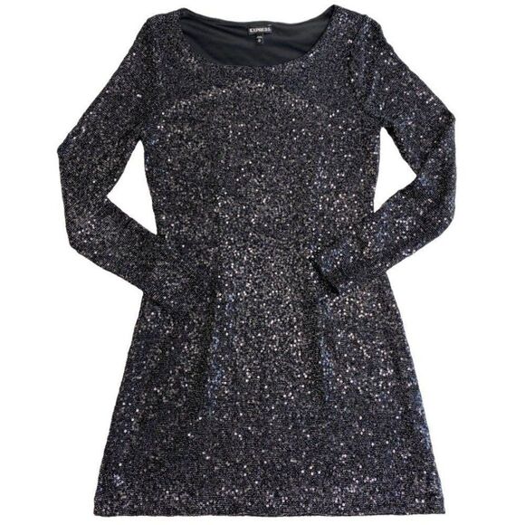 Express Black Sequin Long Sleeve Fit & Flare Mini Dress Sz XS - Picture 7 of 8